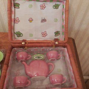 Vintage Children's Picnic Set with Porcelain cups &  dishes  set in  Wicker bask
